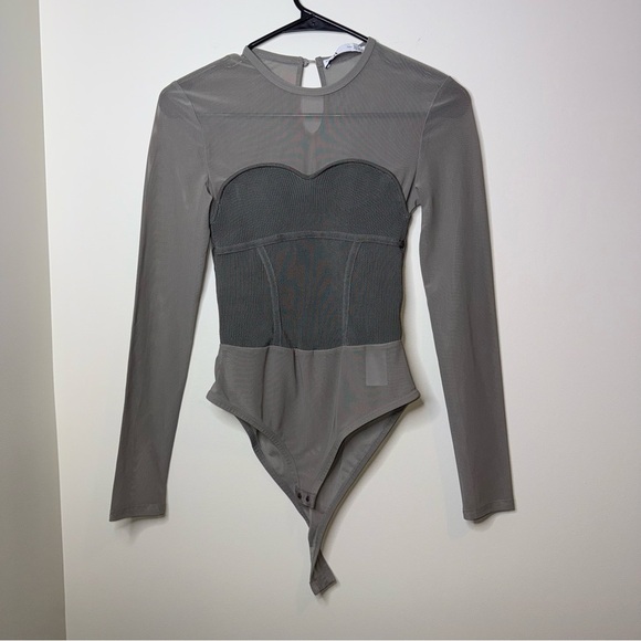 Zara Khaki Mesh Knit Long Sleeve Bodysuit - Picture 4 of 9